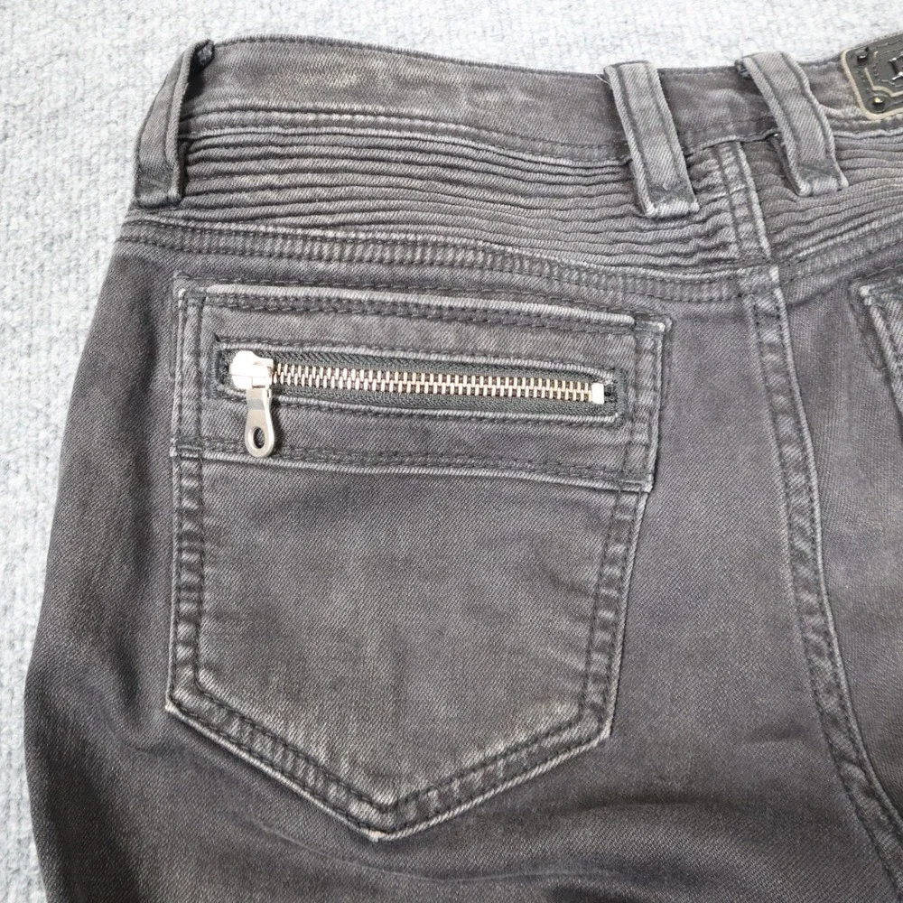 Rock Revival Moto Men Black Distressed Biker Jeans‎ Slim Fit Ribbed Details READ